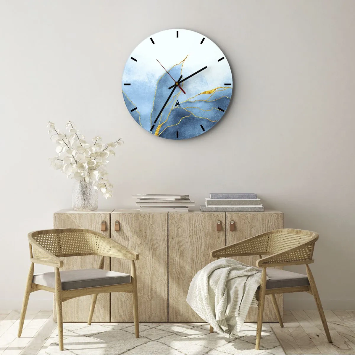 Wall clock - Clock on glass - Blue In Gold - 40x40 cm