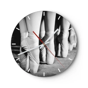 Wall clock - Clock on glass - Black and white ballerinas in pointe shoes - 30x30cm - Together, Lightly - Modern wall decoration for the living room, kitchen, and bedroom ARTTOR