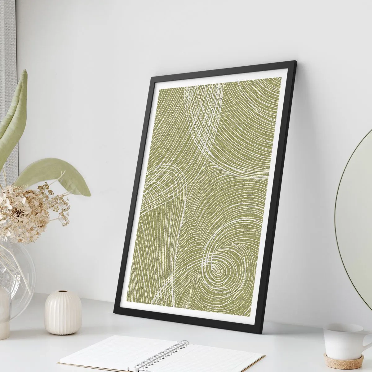 Poster in black frame - An abstract composition in shades of green with dynamic lines. - 50x70cm - Intricate Abstract in White - Modern wall decoration for the living room and bedroom ARTTOR