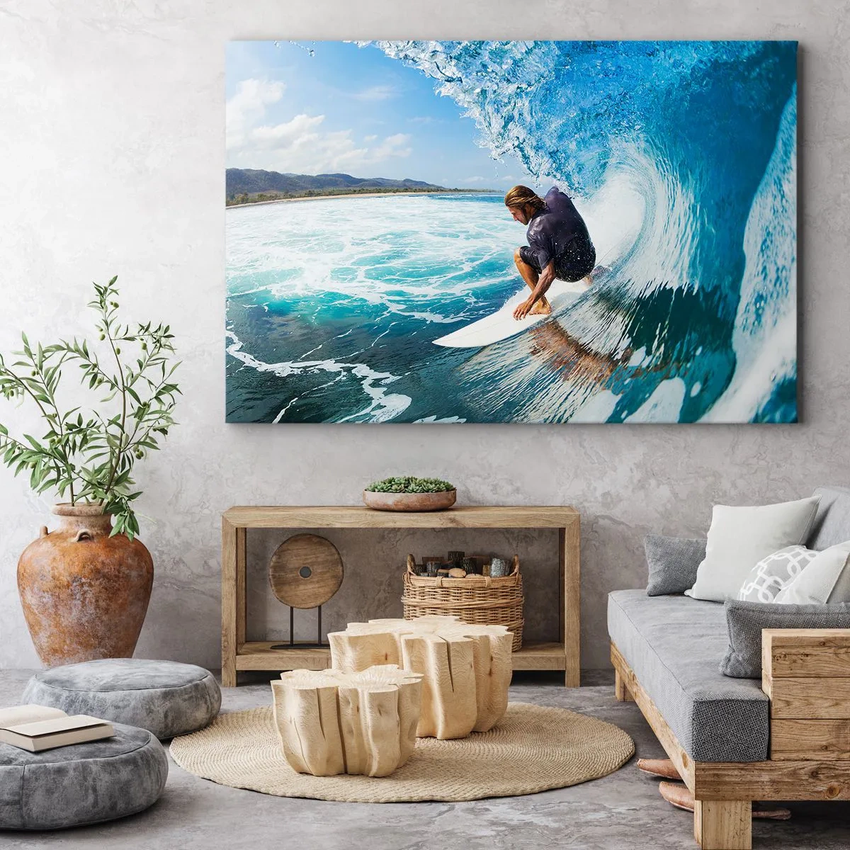 Canvas picture - A surfer in a dynamic pose on a wave in turquoise water. - 70x50cm - Dancing with Waves - Modern wall decoration for the living room and bedroom ARTTOR
