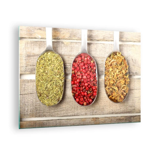 Glass picture - Three spoons with spices on a rustic wooden background - 70x50cm - Kitchen Magic - Modern wall decoration for the living room and bedroom ARTTOR
