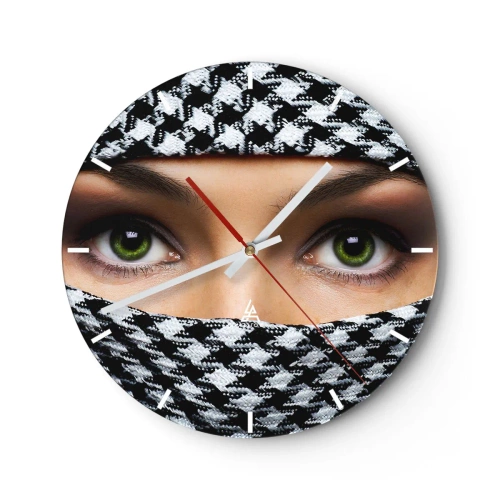 Wall clock - Clock on glass - Green eyes hidden behind a black and white fabric pattern - 30x30cm - Portrait of Head-scarfed Beauty - Modern wall decoration for the living room, kitchen, and bedroom ARTTOR