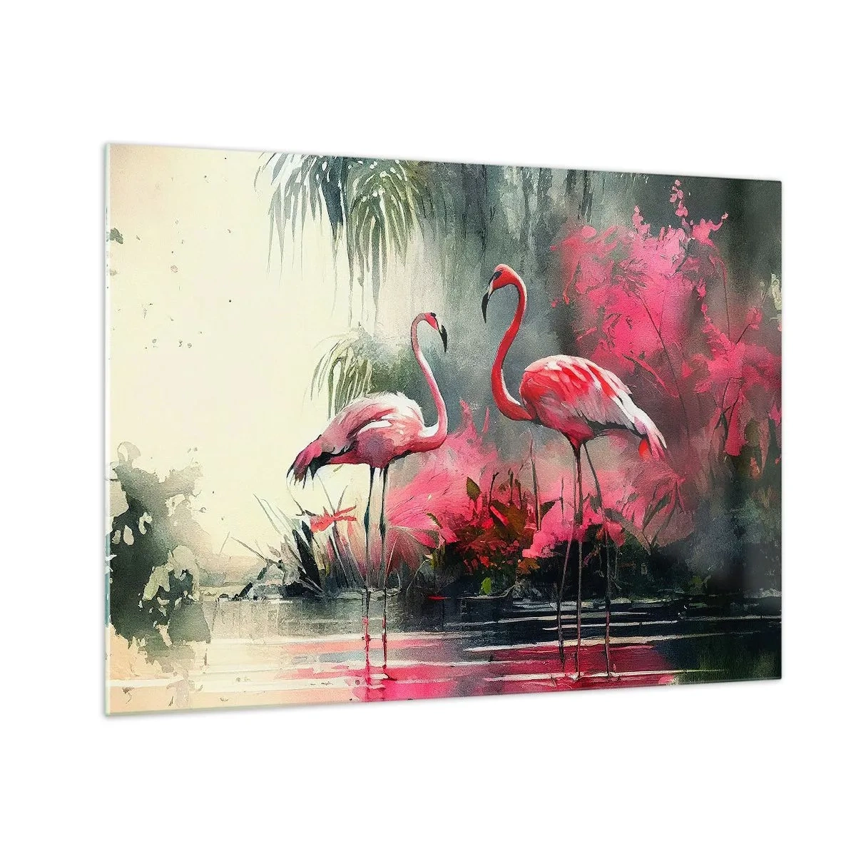 Glass picture - Two flamingos in a tropical setting by the water - 70x50cm - Class of Natural Charm - Modern wall decoration for the living room and bedroom ARTTOR