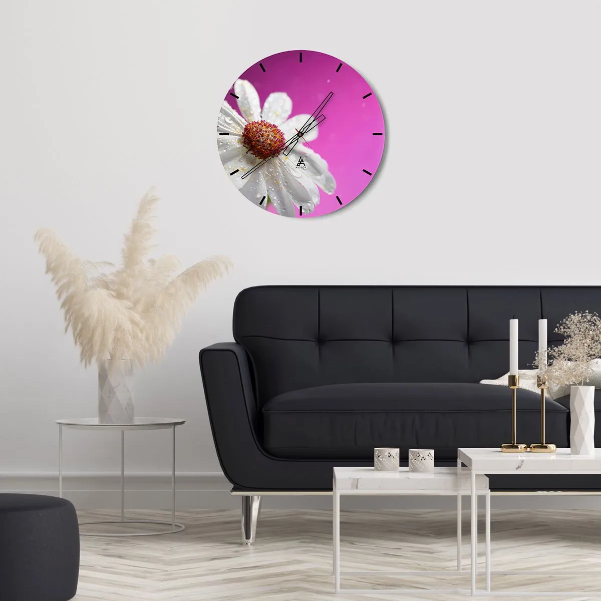 Wall clock - Clock on glass - A white daisy covered with water drops on a pink background - 30x30cm - Modest in Its Beauty - Modern wall decoration for the living room, kitchen, and bedroom ARTTOR