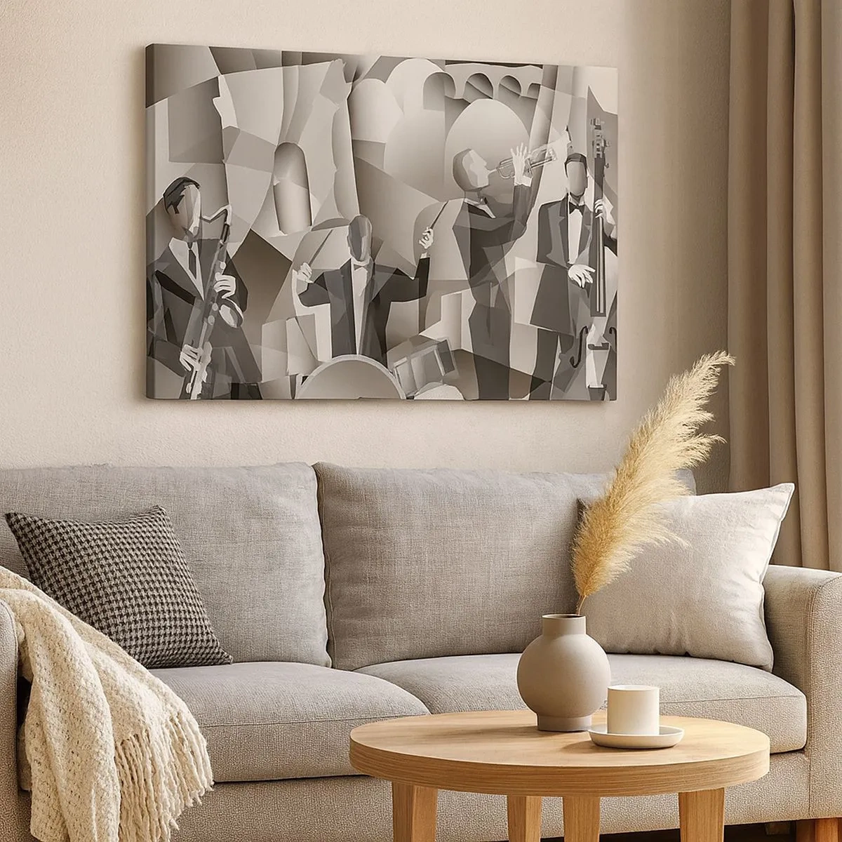 Canvas picture - Abstract scene with jazz musicians in shades of gray. - 70x50cm - In the Space of Sounds - Modern wall decoration for the living room and bedroom ARTTOR