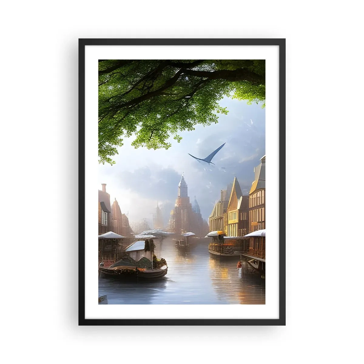 Poster in black frame - Picturesque view of the canal with historic architecture - 50x70cm - Dutch Urban Landscape - Modern wall decoration for the living room and bedroom ARTTOR