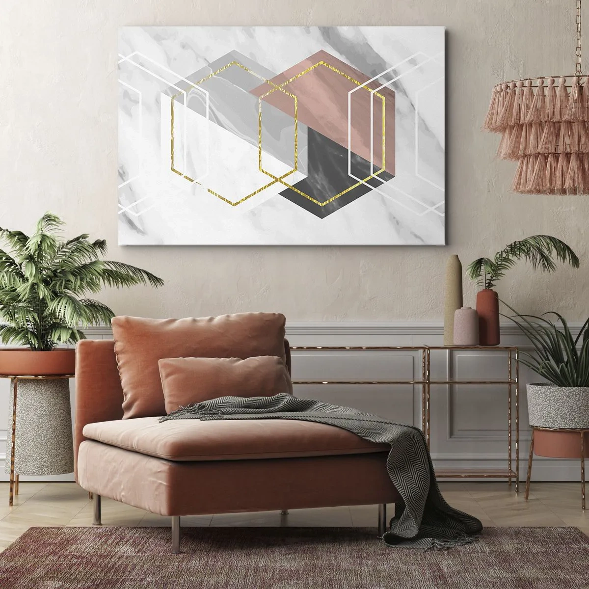 Canvas picture - Geometric figures with gold and marble accents - 70x50cm - Chain Composition - Modern wall decoration for the living room and bedroom ARTTOR
