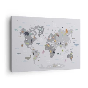 Canvas picture - A world map with animal illustrations on a gray background - 70x50cm - Tell Me Where You Are From - Modern wall decoration for the living room and bedroom ARTTOR