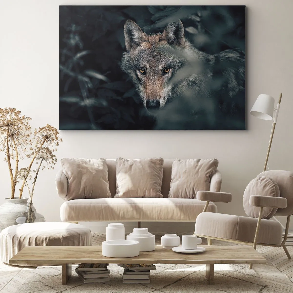 Canvas picture - A wolf in its natural setting, looking out from the depths of the forest. - 70x50cm - Hunter - Modern wall decoration for the living room and bedroom ARTTOR