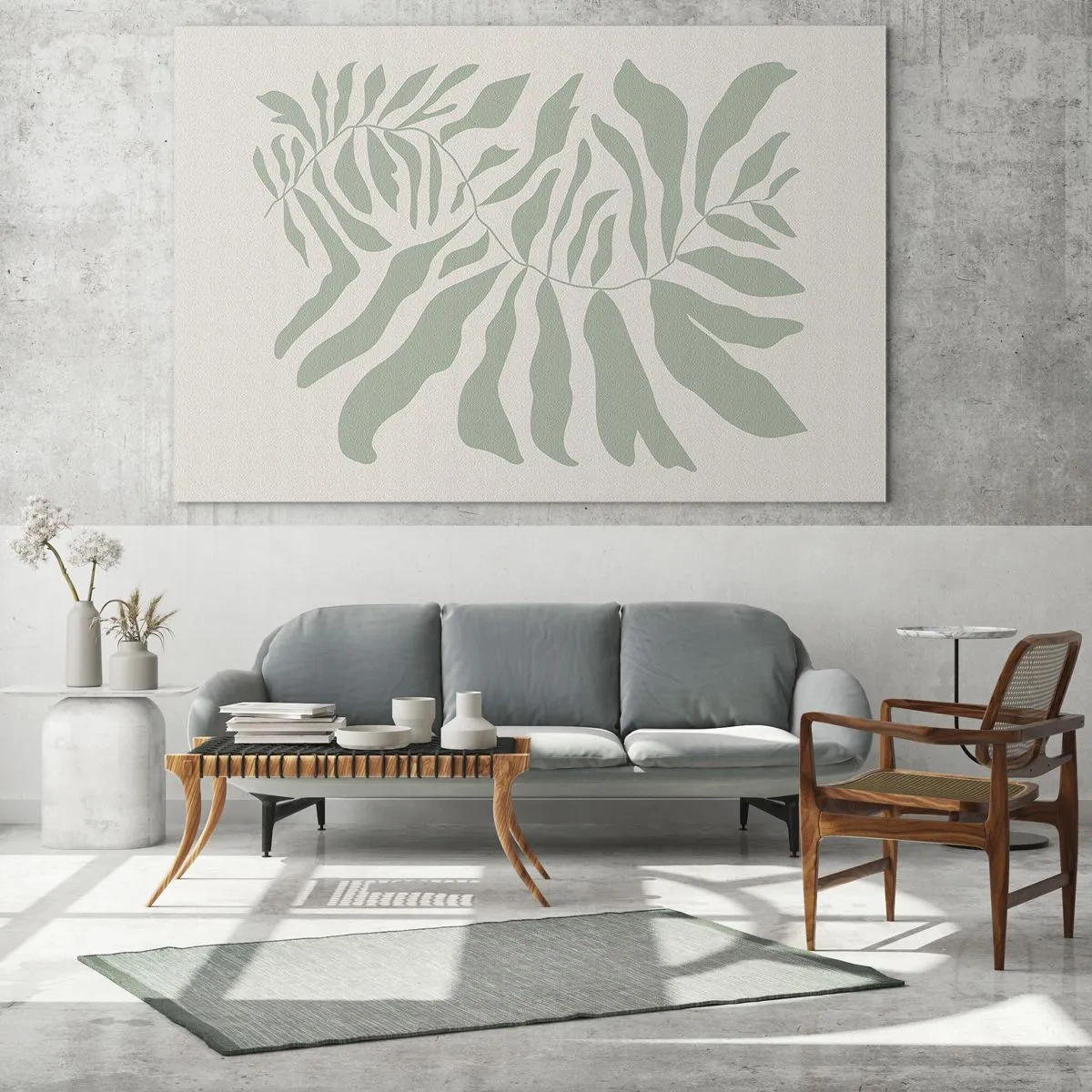 Glass picture - An emerald branch with organic shapes on a light background - 70x50cm - Emerald Branch - Modern wall decoration for the living room and bedroom ARTTOR
