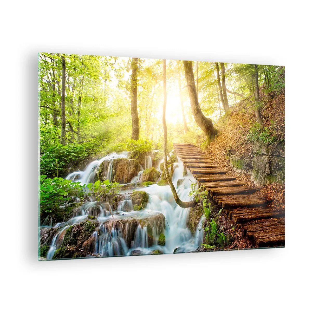 Glass picture - A forest waterfall with a wooden path illuminated by sunlight - 70x50cm - Long Awaited Coolness - Modern wall decoration for the living room and bedroom ARTTOR