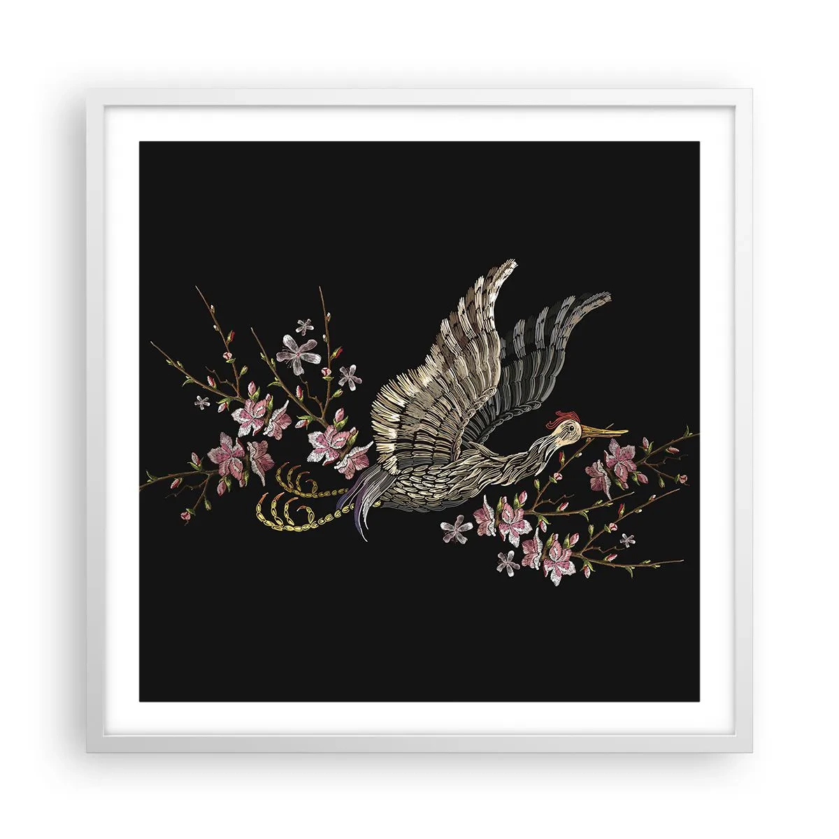 Poster in white frmae - Exotic, Embroidered Bird - 60x60 cm