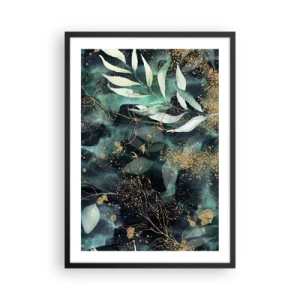 Poster in black frame - Green leaves and gold accents on a dark background - 50x70cm - Enchanted Garden - Modern wall decoration for the living room and bedroom ARTTOR
