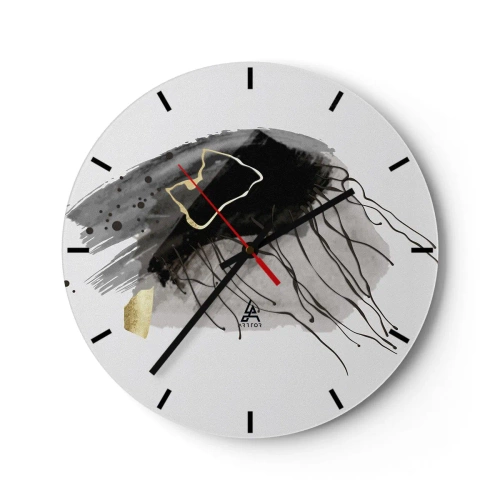 Wall clock - Clock on glass - Abstract motif in black, gray and gold on a white background - 30x30cm - In Black and Gold - Modern wall decoration for the living room, kitchen, and bedroom ARTTOR