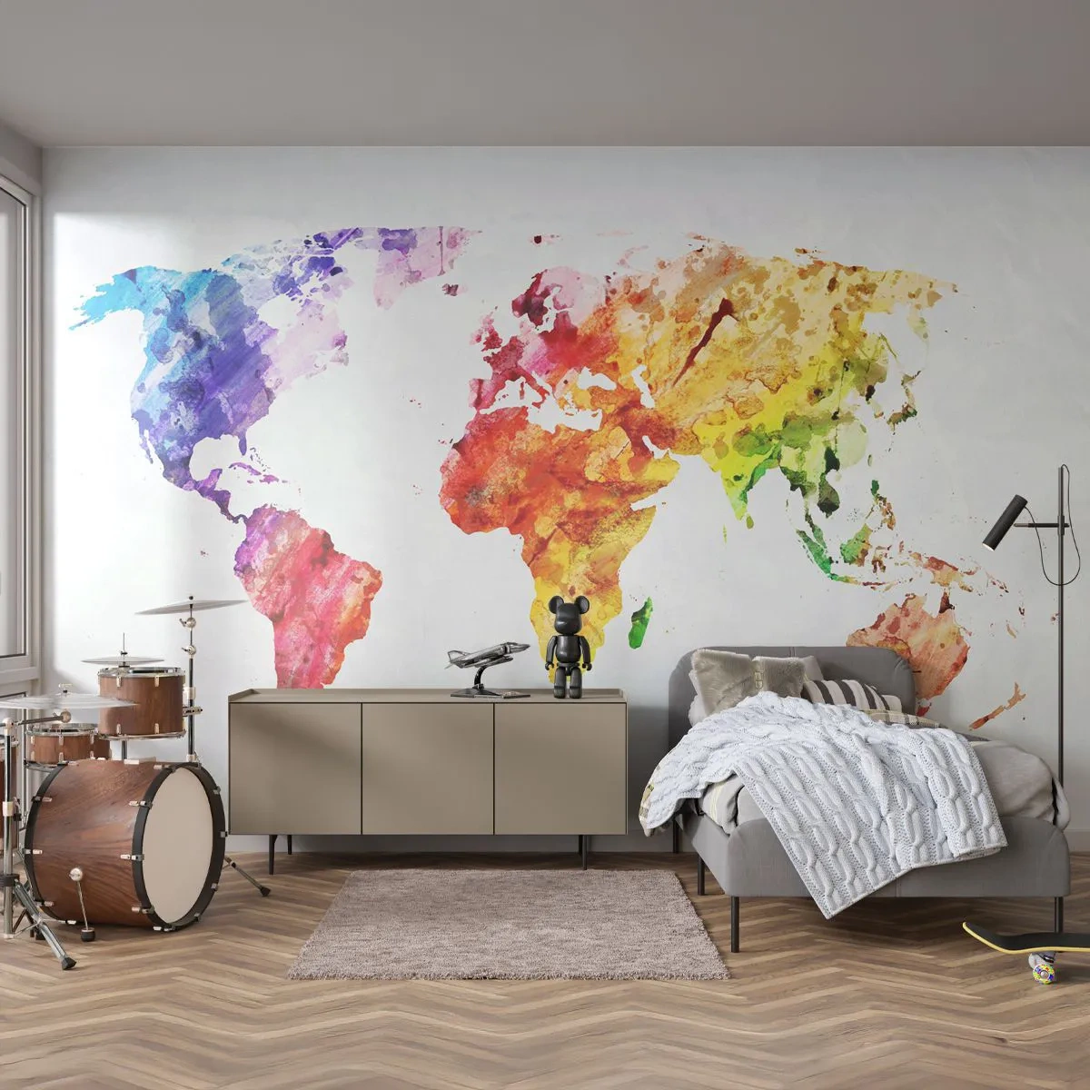 Self-Adhesive Photo Wallpaper Deluxe Sticker - All Colours of Light - World map, Graphics, Continents - 250x175 cm