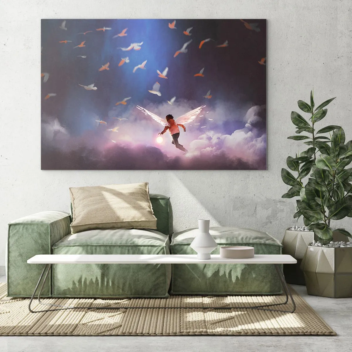 Glass picture - A figure with angel wings floating among the clouds - 70x50cm - You Need to Have Imagination and Courage - Modern wall decoration for the living room and bedroom ARTTOR