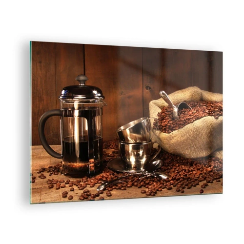 Glass picture - Coffee maker, cups and a bag of coffee beans - 70x50cm - Charm of Coffee - aroma and flavour - Modern wall decoration for the living room and bedroom ARTTOR