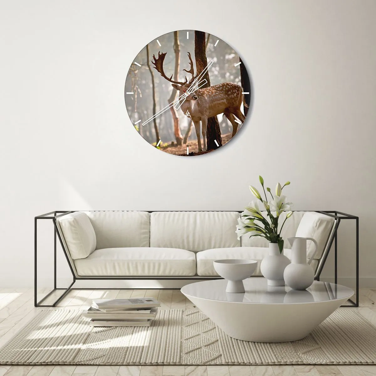 Wall clock - Clock on glass - Deer basking in the sun's rays against a forest landscape - 30x30cm - Light of Youth - Modern wall decoration for the living room, kitchen, and bedroom ARTTOR