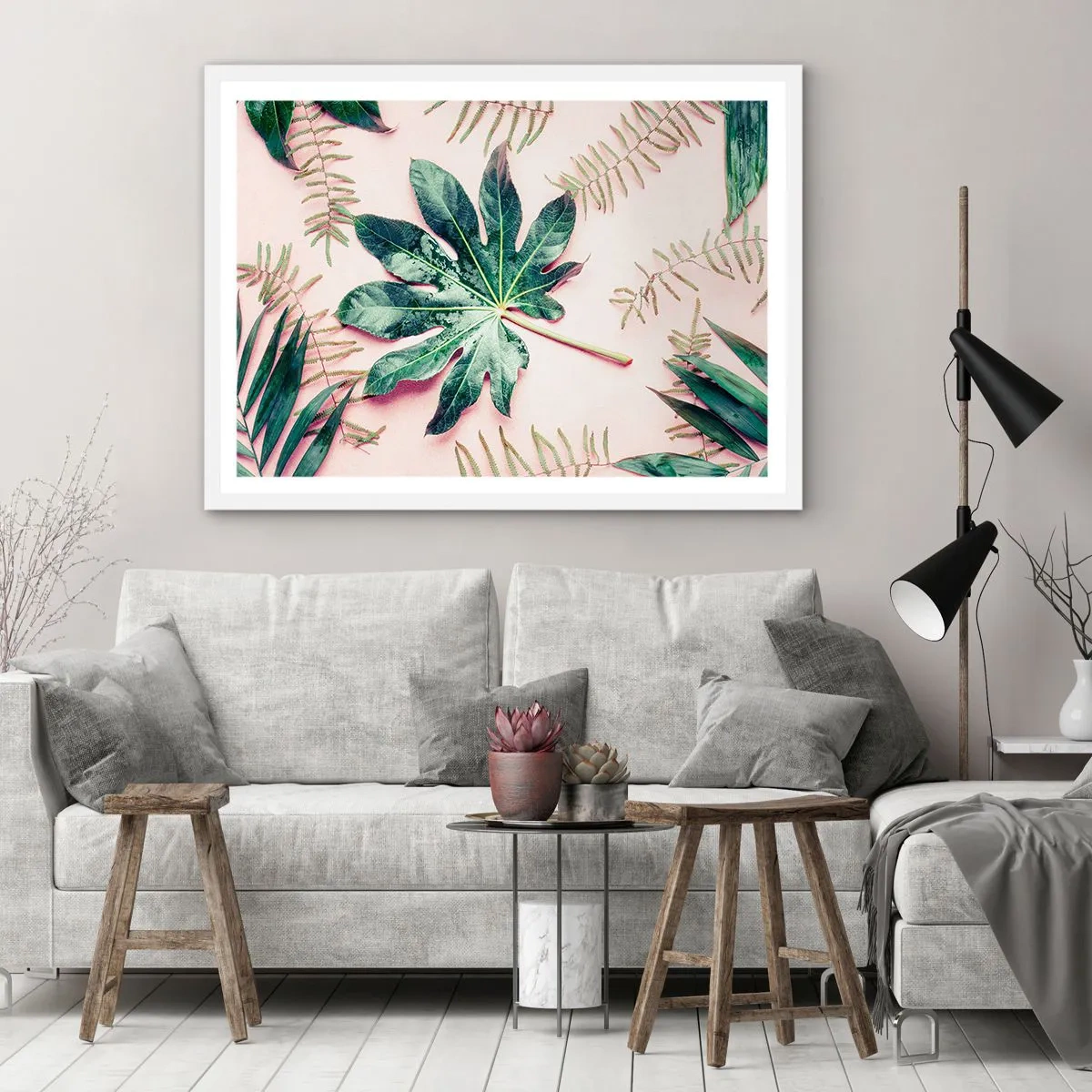 Poster in white frmae - Study in Green on Pink Background - 100x70 cm