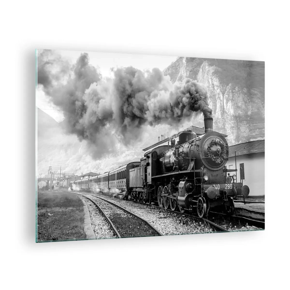 Glass picture - An old steam train in a mountain landscape - 70x50cm - Standing at the Station... - Modern wall decoration for the living room and bedroom ARTTOR