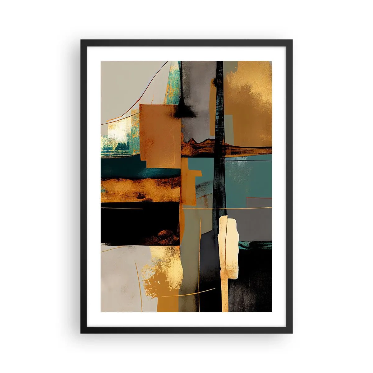 Poster in black frame - An abstract composition in shades of gold and turquoise - 50x70cm - Abstract - Light and Shadow - Modern wall decoration for the living room and bedroom ARTTOR