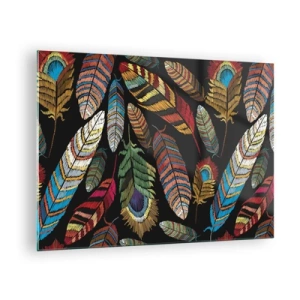 Glass picture - Colorful feathers on a dark background in an artistic pattern - 70x50cm - Bird Carnival - Modern wall decoration for the living room and bedroom ARTTOR
