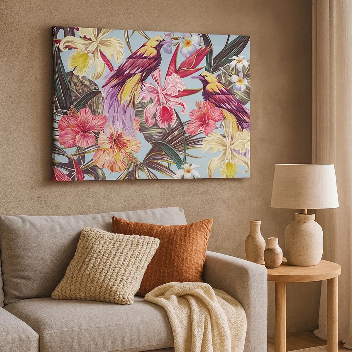 Canvas picture - Exotic birds among tropical flowers - 70x50cm - Flakes and Feathers - Modern wall decoration for the living room and bedroom ARTTOR