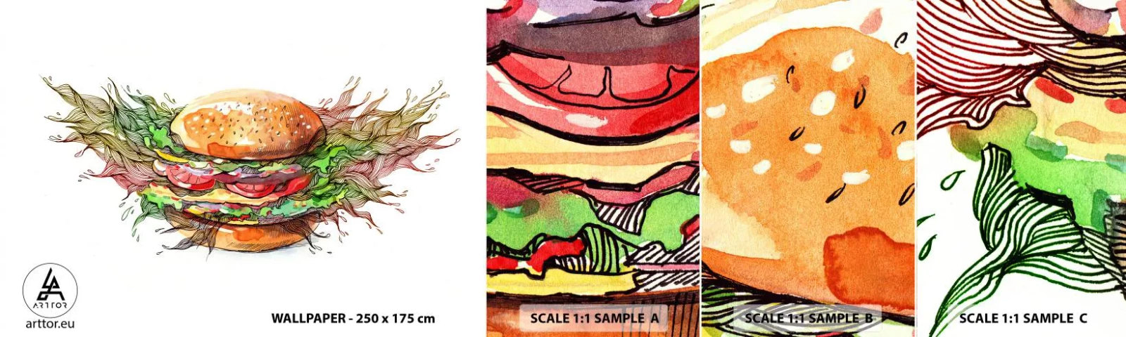 Photo Wallpaper Sample Self-Adhesive Deluxe Sticker - Hot Temptation - Gastronomy, Hamburger, Culinary - 100x30 cm