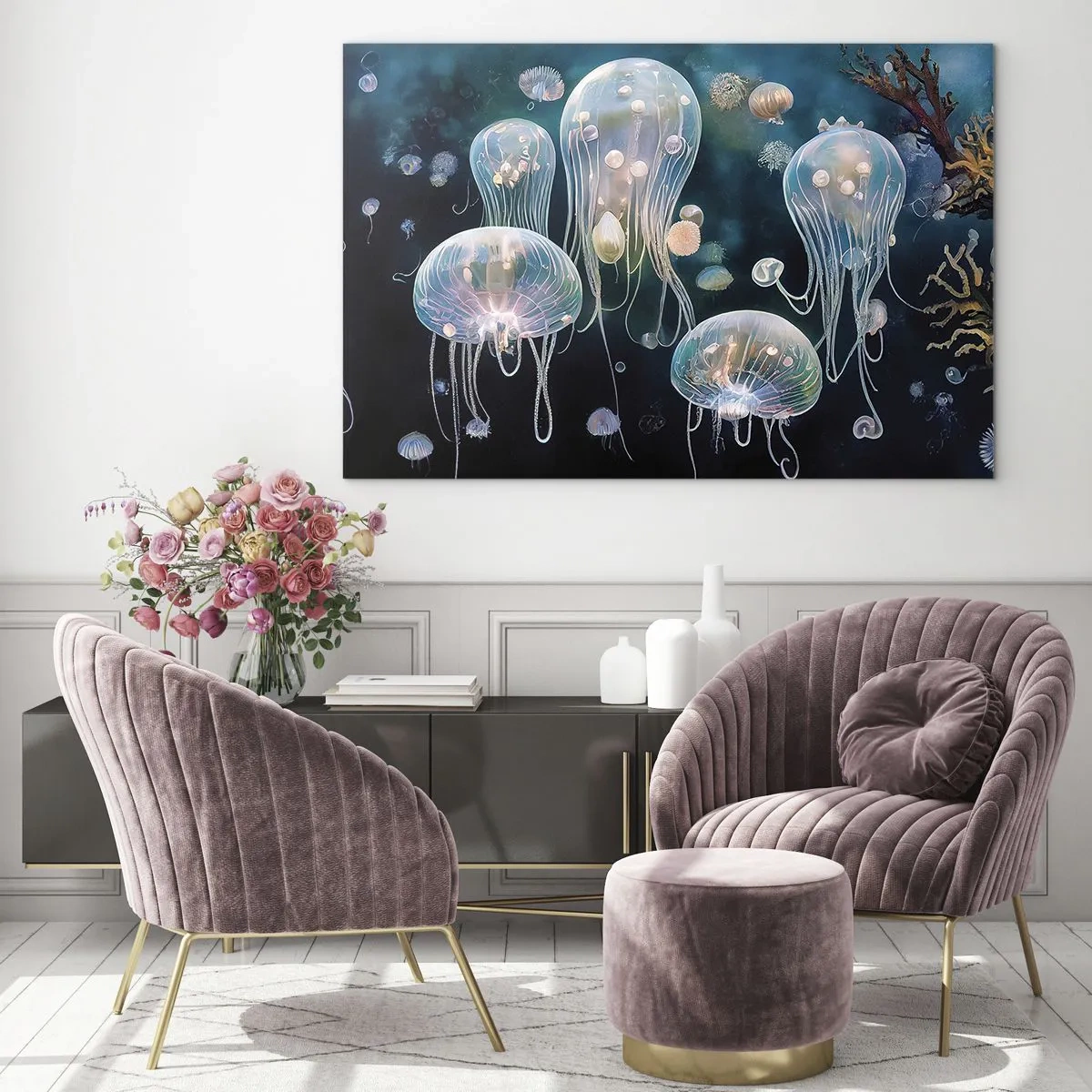 Glass picture - Jellyfish in the luminous dance of the underwater world - 70x50cm - Underwater Ball - Modern wall decoration for the living room and bedroom ARTTOR