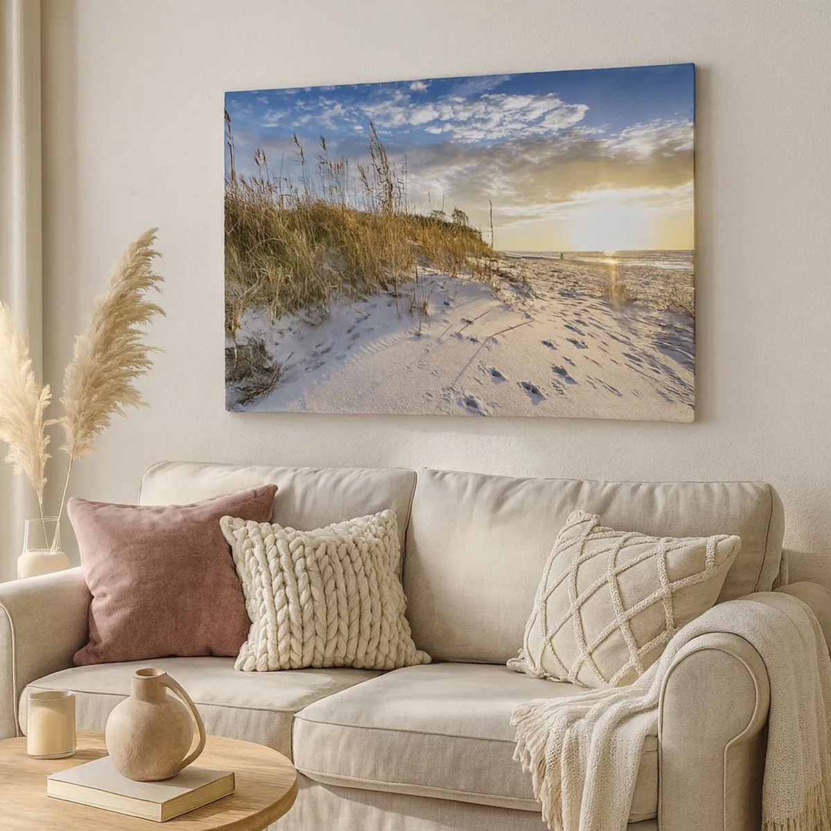 Canvas picture - Dunes with grass and footprints in the sand at sunset - 70x50cm - Invitation to a Walk - Modern wall decoration for the living room and bedroom ARTTOR