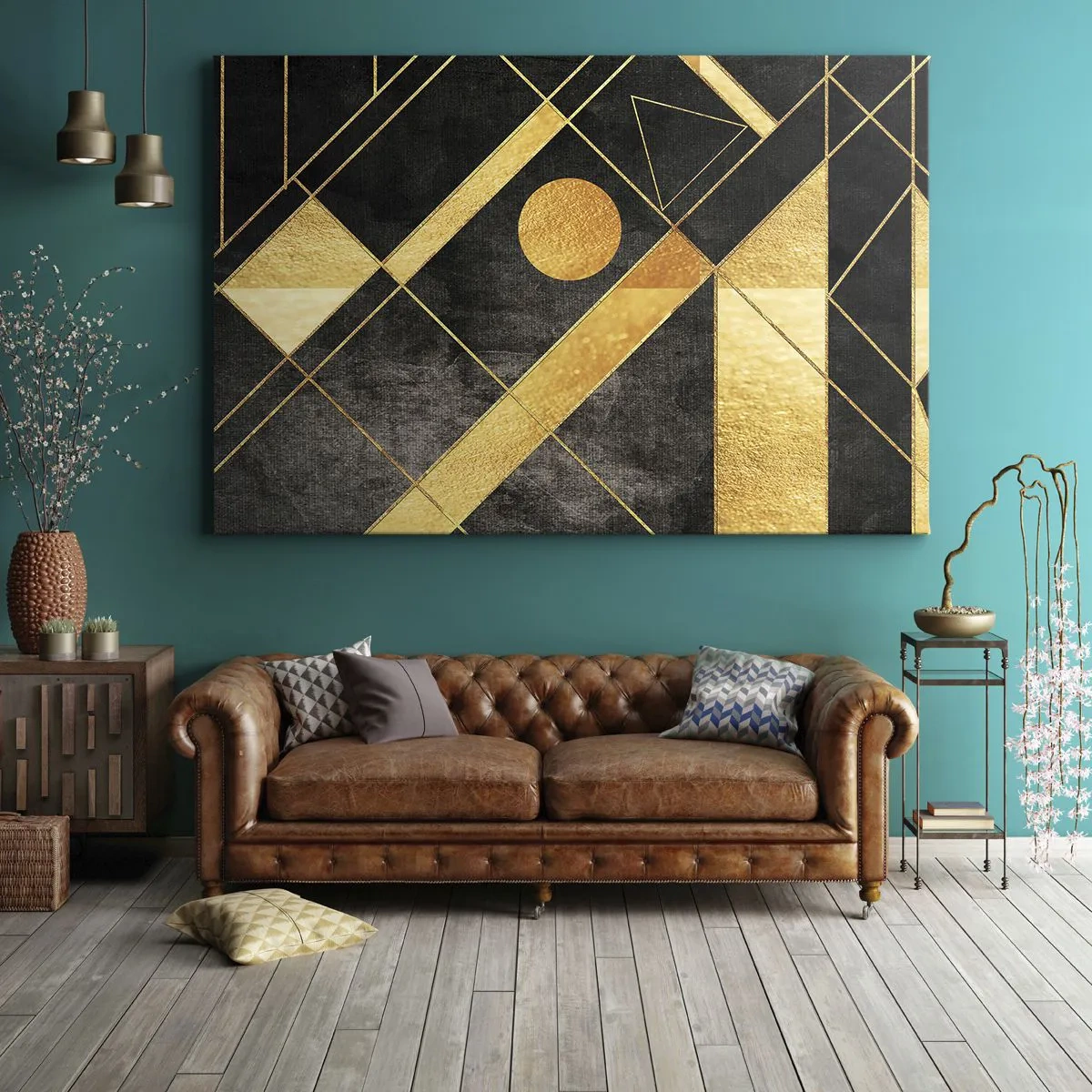 Canvas picture - Geometric shapes in gold and black tones - 70x50cm - Sun of the Desert - Modern wall decoration for the living room and bedroom ARTTOR