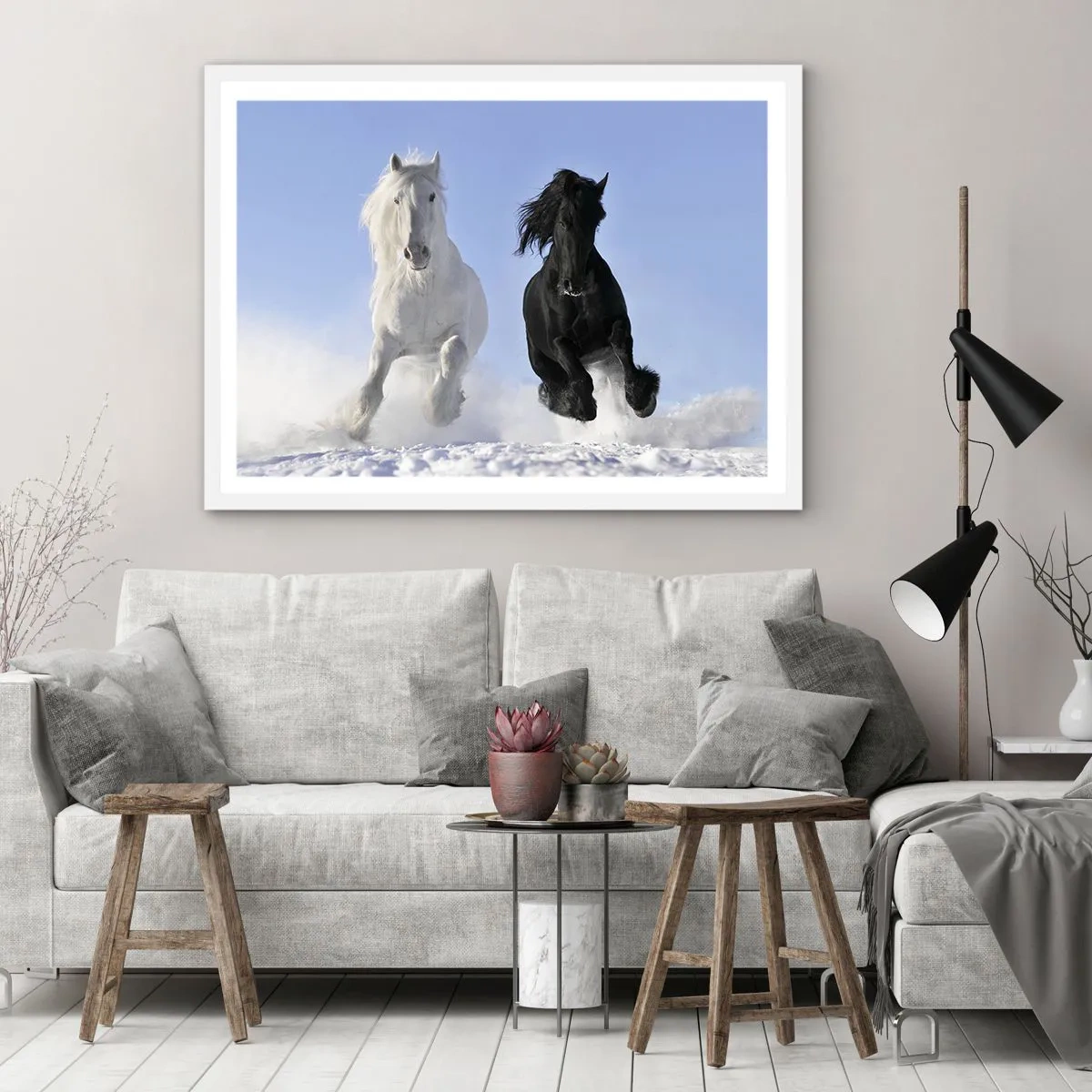 Poster in white frmae - Black and White Gallop - 70x50 cm