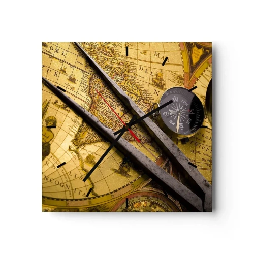 Wall clock - Clock on glass - With a Compass through the Seas - 30x30 cm