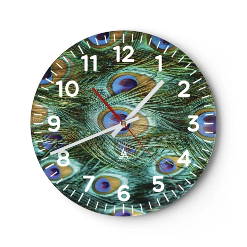 Wall clock - Clock on glass - Peacock Eyes - 40x40 cm