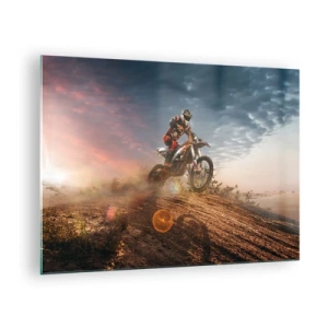 Glass picture - Motorcyclist in the desert in a dynamic setting - 70x50cm - For Victory - Modern wall decoration for the living room and bedroom ARTTOR