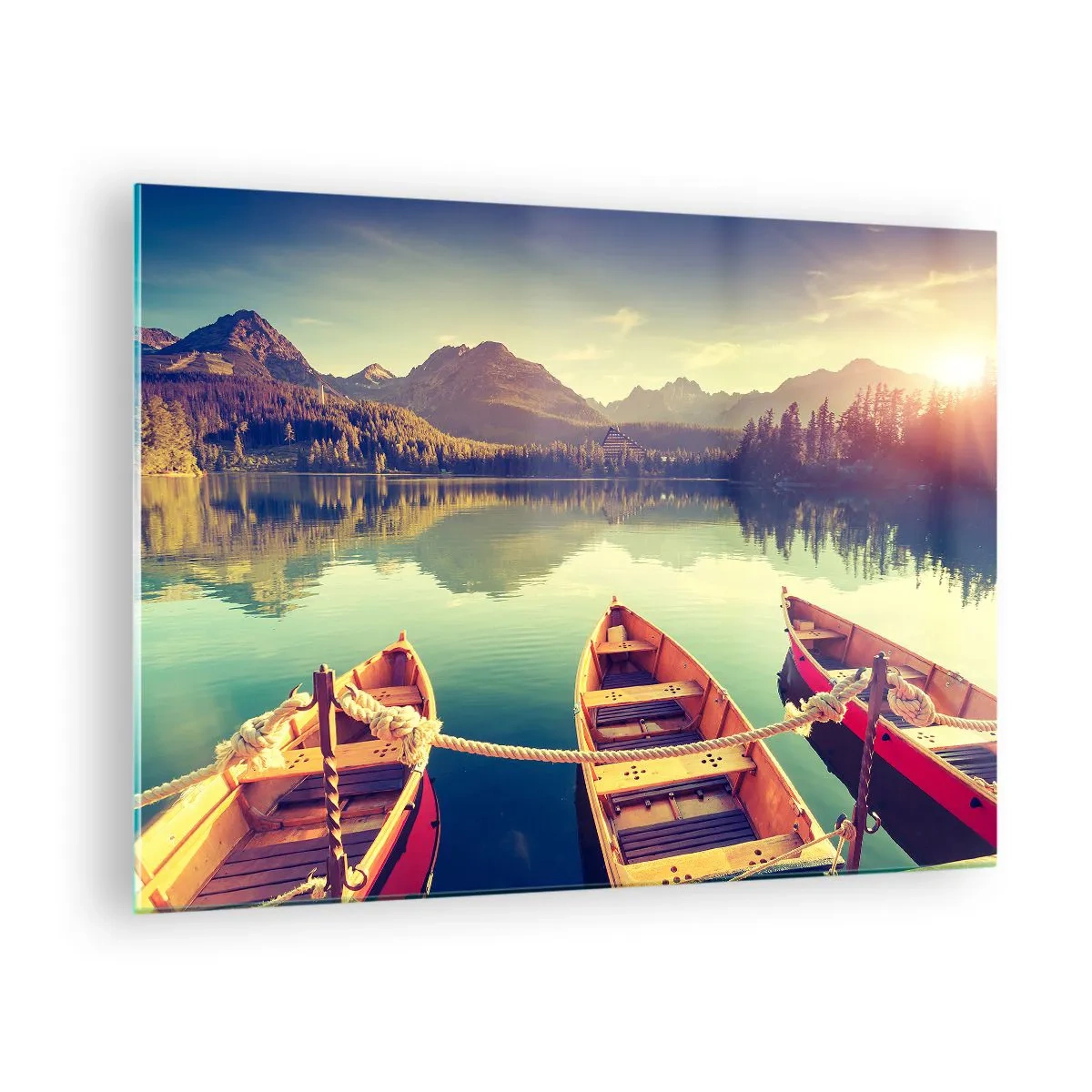 Glass picture - Wooden boats on a calm lake surrounded by mountains - 70x50cm - Following Her Rules - Modern wall decoration for the living room and bedroom ARTTOR