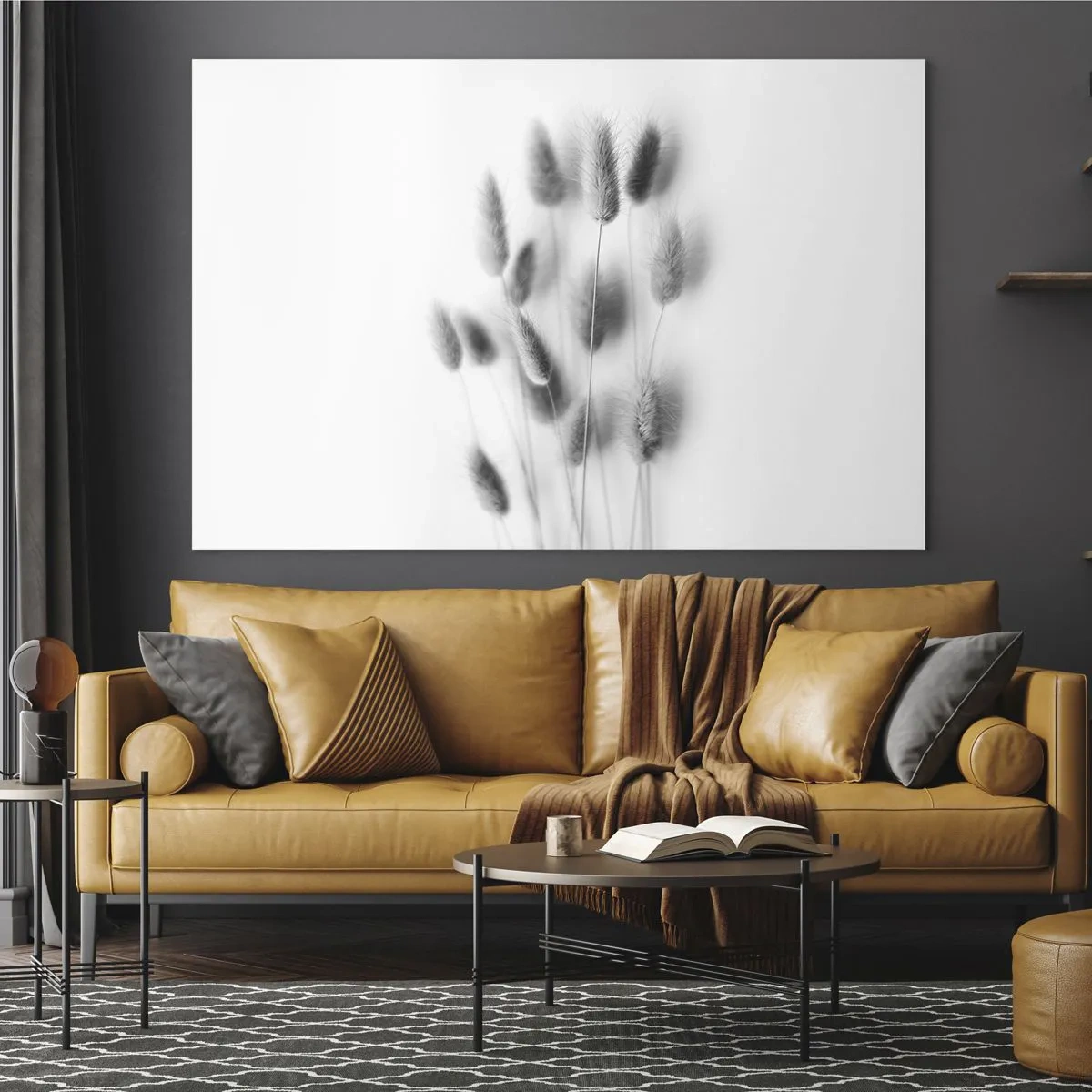 Glass picture - Black and white grass ears on a light background in a minimalist style - 70x50cm - Her Softness Grass - Modern wall decoration for the living room and bedroom ARTTOR