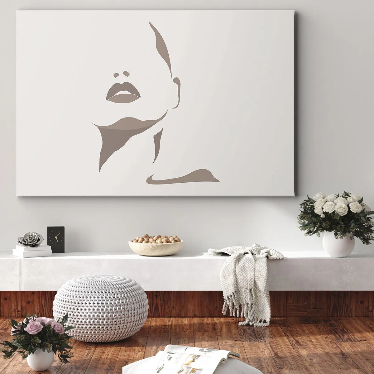 Canvas picture - Minimalist contour of a woman's face in delicate beige tones - 70x50cm - Created with Light and Shadow - Modern wall decoration for the living room and bedroom ARTTOR