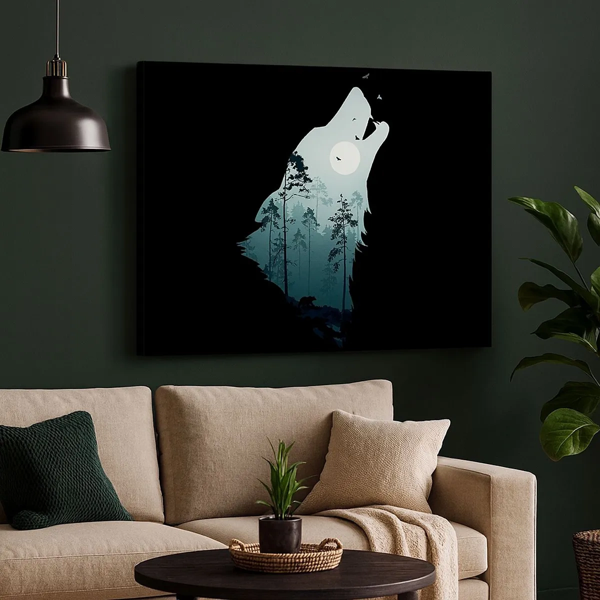 Canvas picture - Silhouette of a wolf with a forest and moon in the background - 70x50cm - Sound of a Night Forest - Modern wall decoration for the living room and bedroom ARTTOR