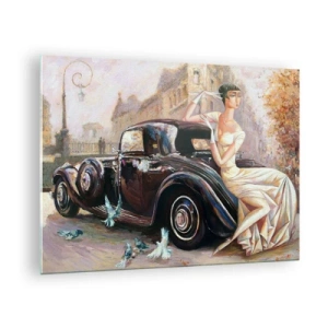 Glass picture - Elegant woman by a retro car in an urban setting - 70x50cm - Elegance - Retro Style - Modern wall decoration for the living room and bedroom ARTTOR