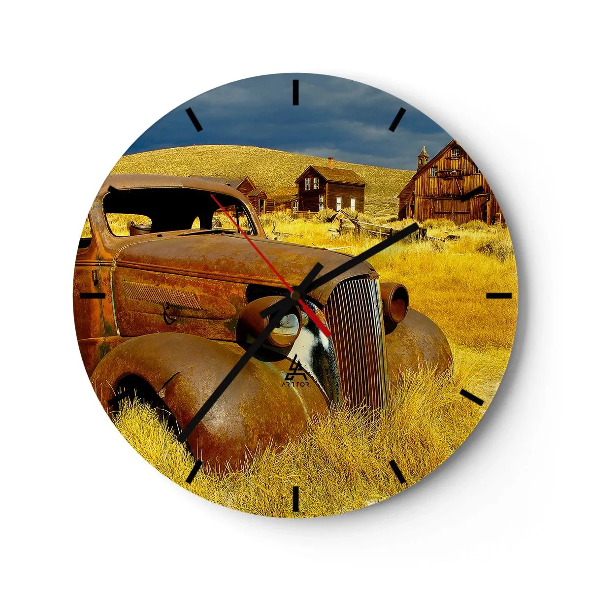 Wall clock - Clock on glass - An old rusty car against the backdrop of an abandoned village - 30x30cm - Deserved Rest - Modern wall decoration for the living room, kitchen, and bedroom ARTTOR