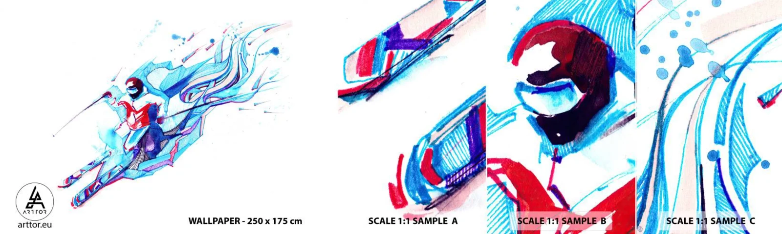 Photo Wallpaper Sample Standard Eco - Crazy Race for Joy - Abstraction, Skis, Skier - 100x30 cm
