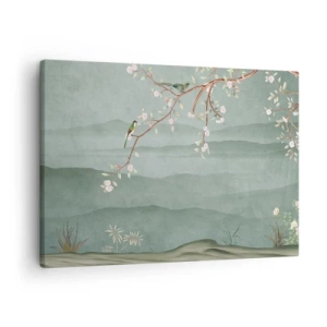 Canvas picture - A picturesque image of a flowering tree branch with birds against a backdrop of green hills. - 70x50cm - Spring, It Is You - Modern wall decoration for the living room and bedroom ARTTOR