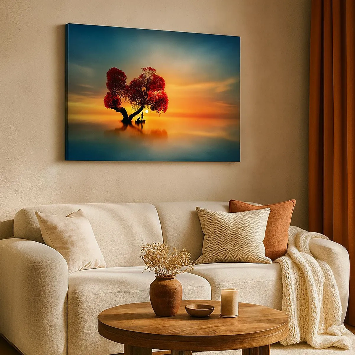 Canvas picture - A red-leafed tree and a boat on the water at sunset - 70x50cm - Far Away and Lost to the World - Modern wall decoration for the living room and bedroom ARTTOR