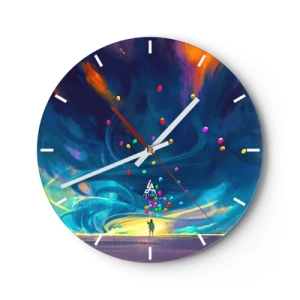 Wall clock - Clock on glass - A person with colorful balloons against a dynamic sky background. - 30x30cm - On Blue Wind - Modern wall decoration for the living room, kitchen, and bedroom ARTTOR