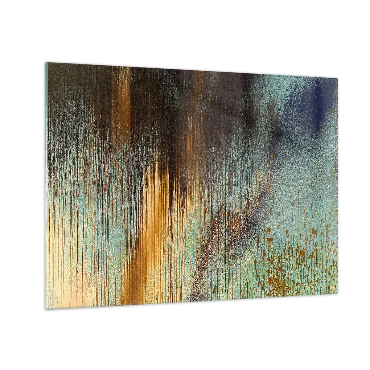 Glass picture - Abstract lines and spots in gold, blue and black - 70x50cm - Non-accidental Colourful Composition - Modern wall decoration for the living room and bedroom ARTTOR