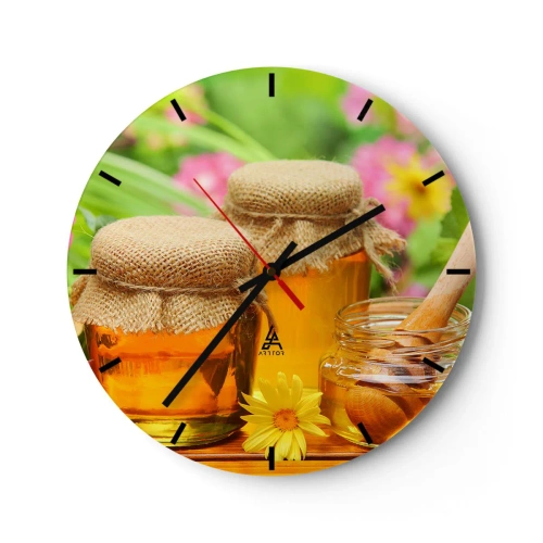 Wall clock - Clock on glass - Jars of honey and a wooden spoon against a background of flowers - 30x30cm - Sweet and Flowery - Modern wall decoration for the living room, kitchen, and bedroom ARTTOR