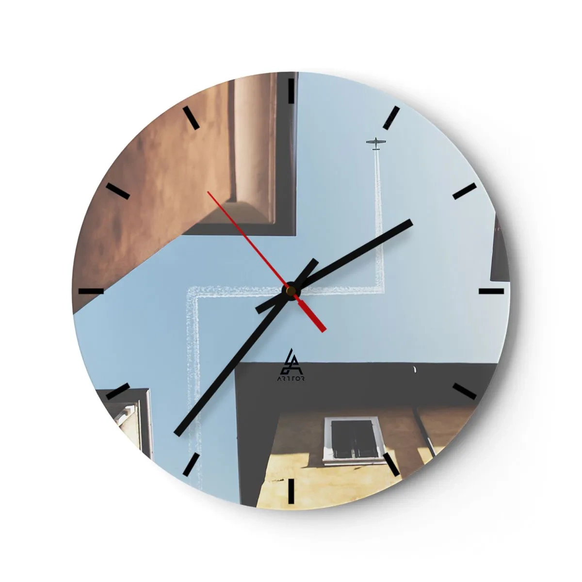 Wall clock - Clock on glass - View from the courtyard of a blue sky with an airplane - 30x30cm - Above City Maze - Modern wall decoration for the living room, kitchen, and bedroom ARTTOR