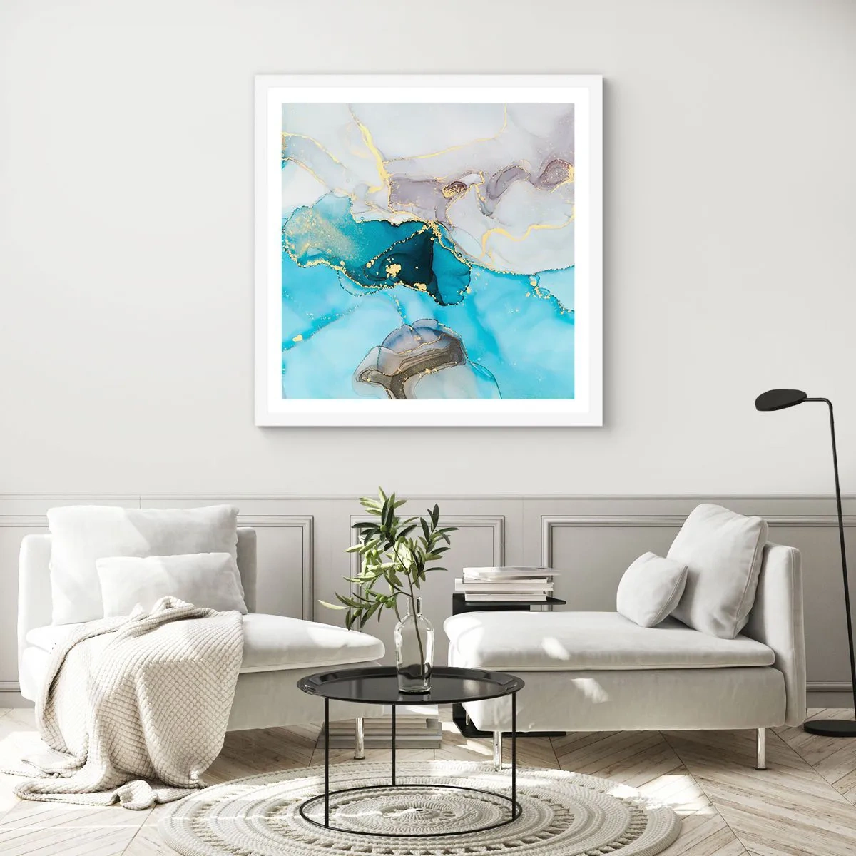 Poster in white frmae - Study in Grey and  Turquoise Encounter - 30x30 cm
