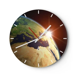 Wall clock - Clock on glass - View of Earth from space with sun rays on the horizon - 30x30cm - Sunrise  - Modern wall decoration for the living room, kitchen, and bedroom ARTTOR